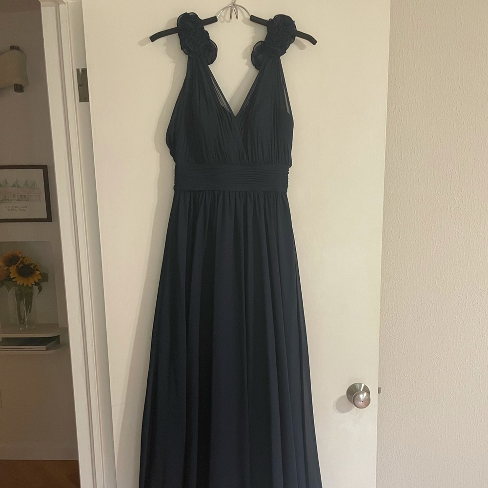 W Too Navy Bridesmaid Dress with Rosette Neckline Size 2